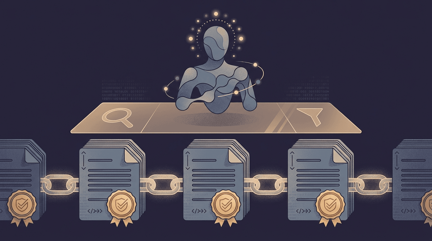 A hash-chained, version-verified context layer sitting beneath retrieval and an AI agent