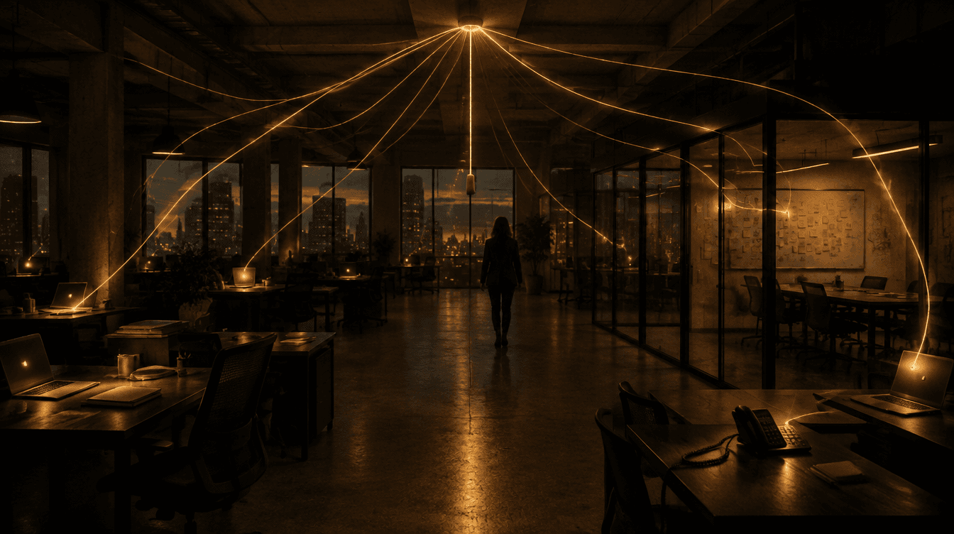 A dark office at night where thin amber threads of light rise from desks and meeting rooms and converge into a single yellow pull cord hanging in the middle of the room
