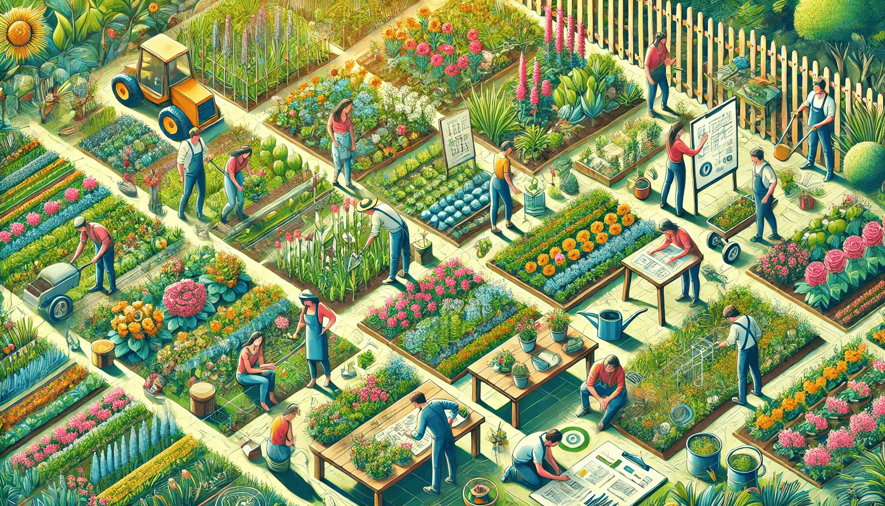 A garden blueprint overlaid with an AI agent system design, illustrating the parallels between gardening and agentic design