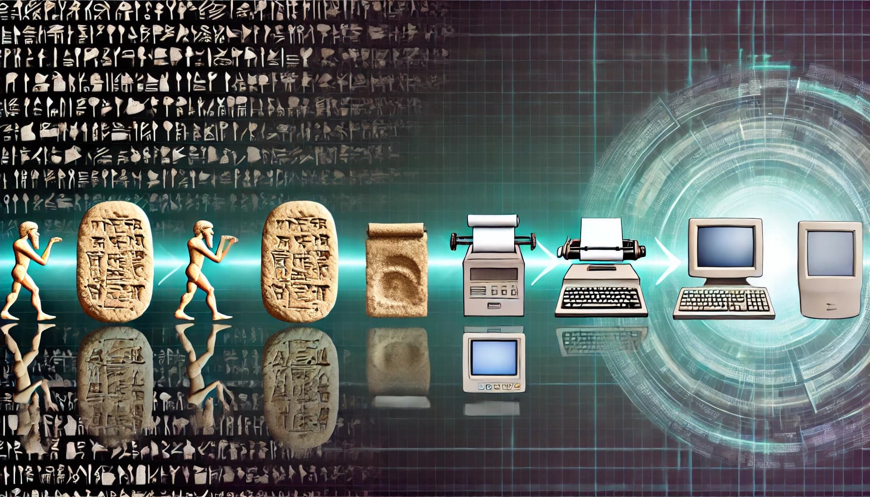 A timeline spanning from ancient cuneiform tablets to modern language models, illustrating the evolution of human communication
