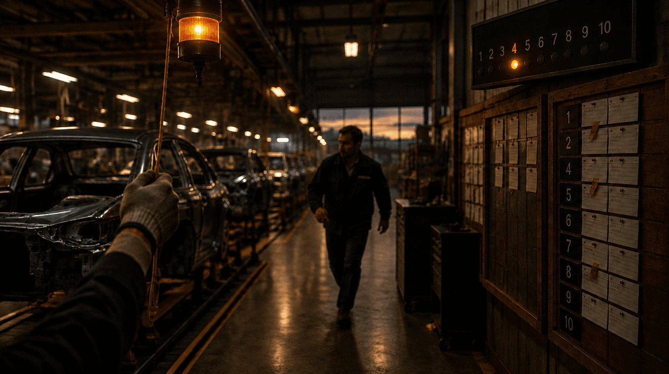 A gloved hand pulls a yellow andon cord on a dim assembly line at dusk while a team leader walks toward the station, an andon board lit at station 4 and a wall of ranked index cards beside him